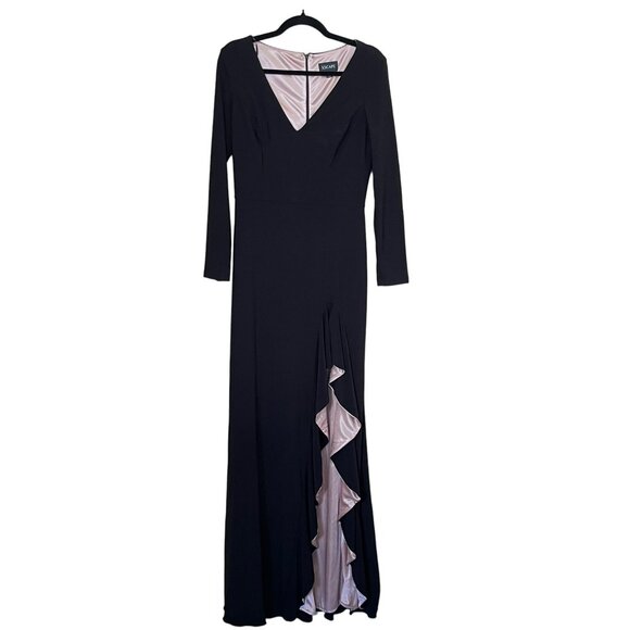 Xscape $249 Black Nude Trudy Ruffle Slit Jersey Formal Maxi Dress Gown Sz 6 NEW - Picture 4 of 8